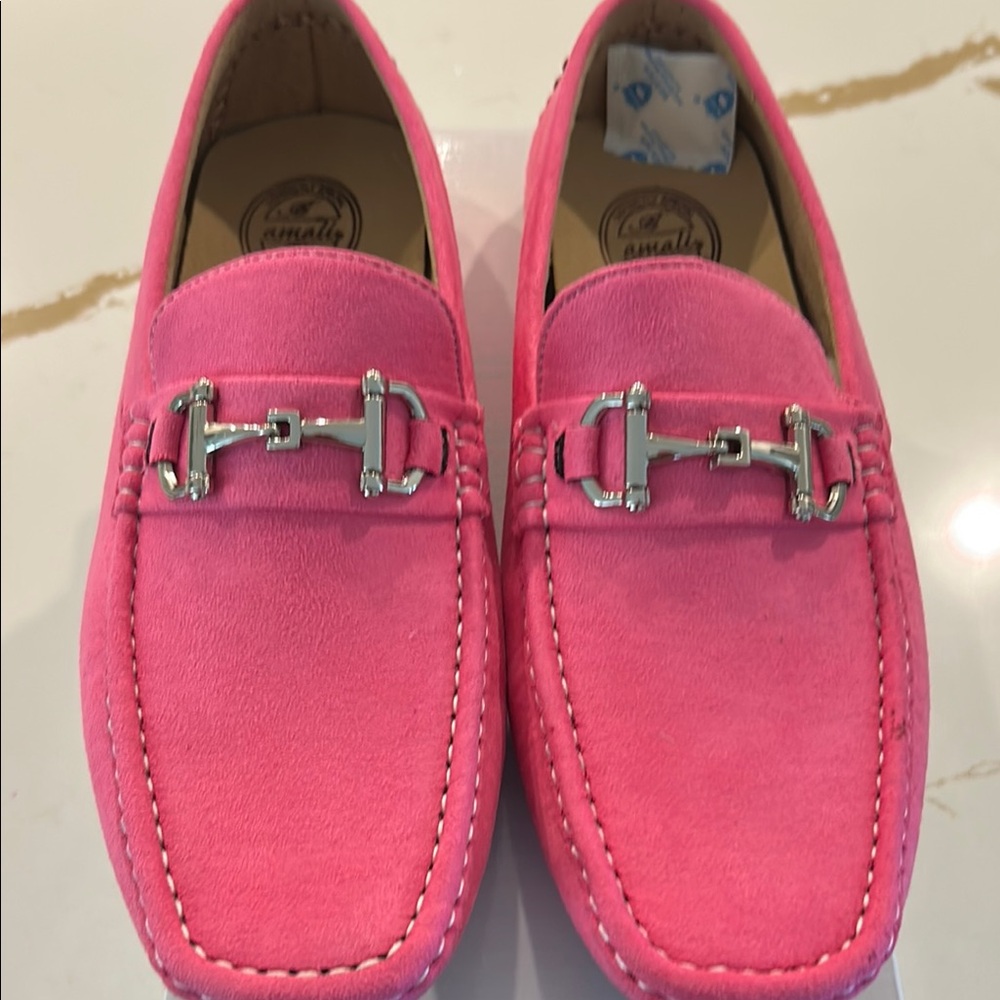 Pink Suede Loafers with Silver Buckle